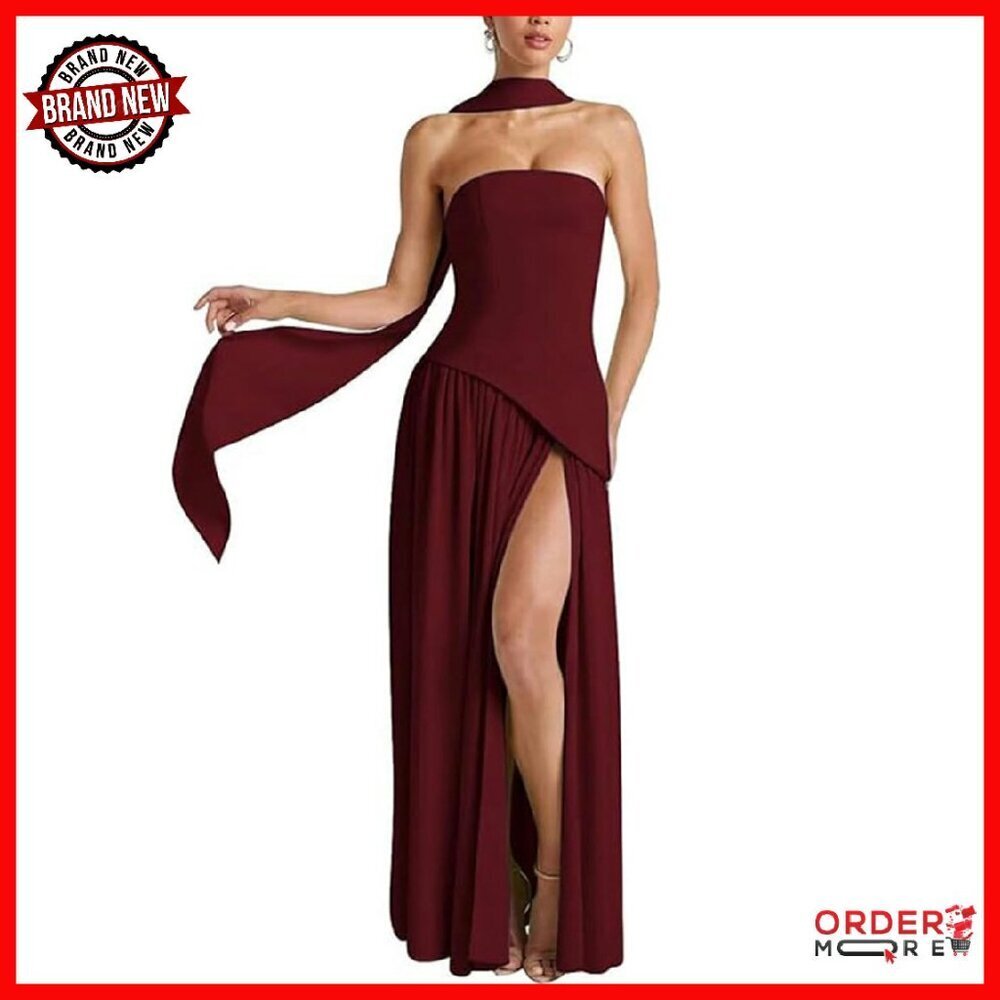 Strapless Maxi Dress with Scarf High Slit Party Wedding Guest